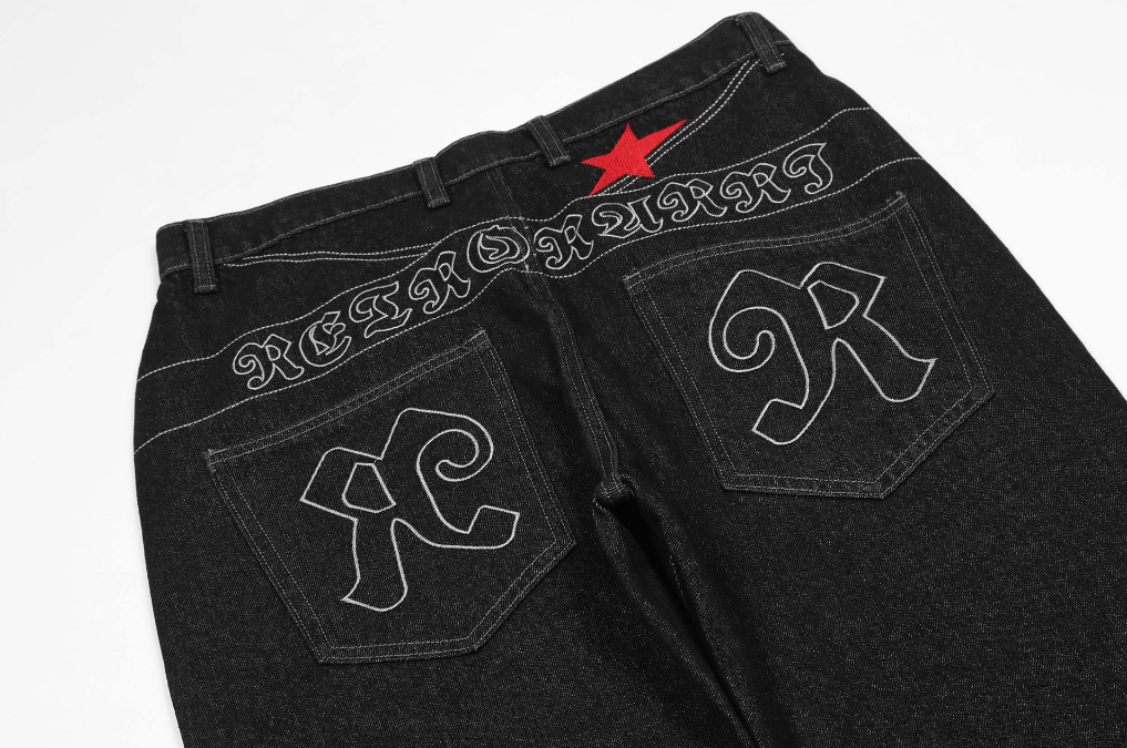 Made of old stickers star embroidery multi pocket jeans, men trendy brand loose wide leg straight leg pants